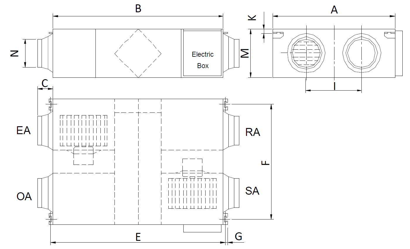 Wymiary - Rekuperatory K2 - króćce okrągłe