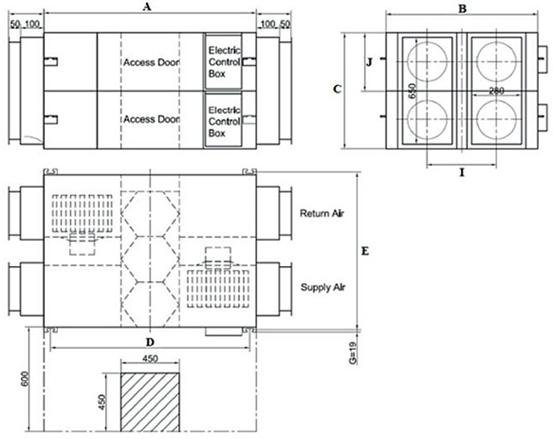 Wymiary - Rekuperatory KDC - króćce prostokątne