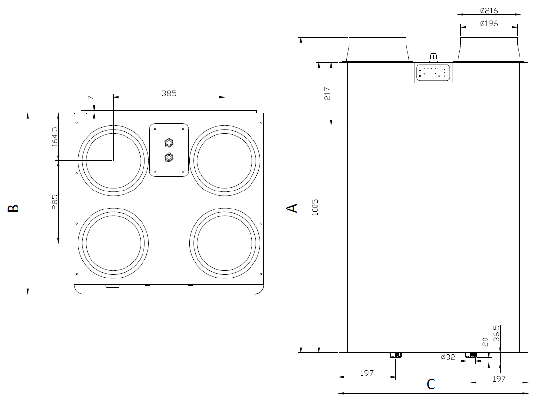 Wymiary - Rekuperatory pionowe TKEC
