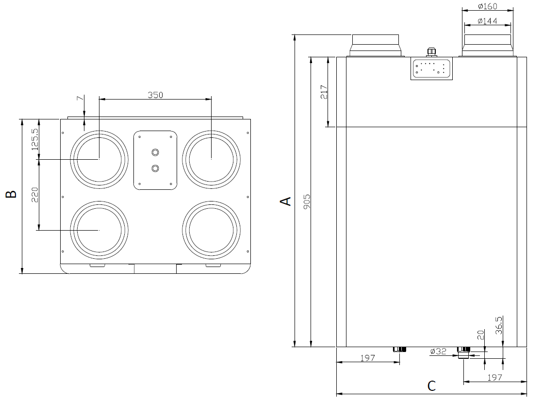 Wymiary - Rekuperatory pionowe TKEC