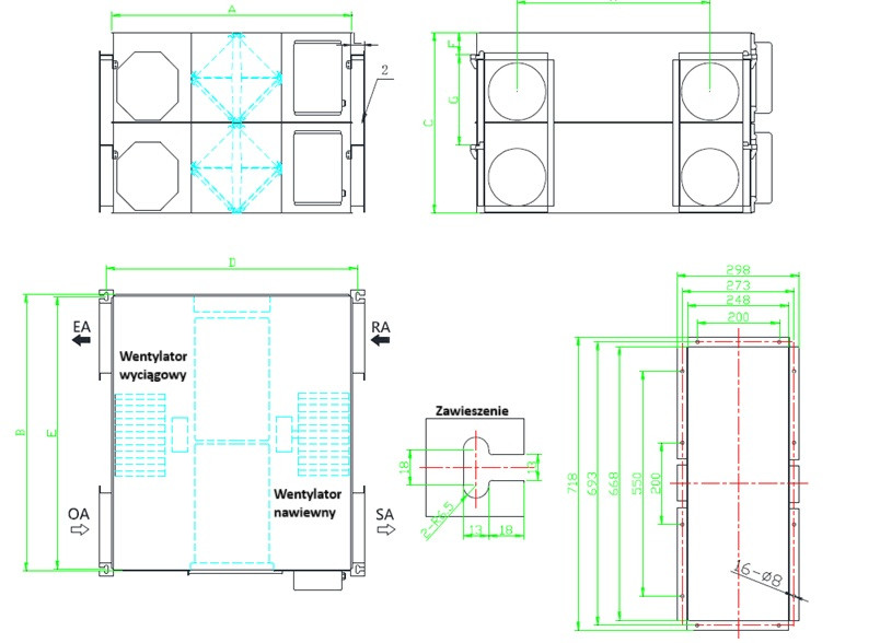Wymiary - Rekuperatory KDC2 - króćce okrągłe - Nowość