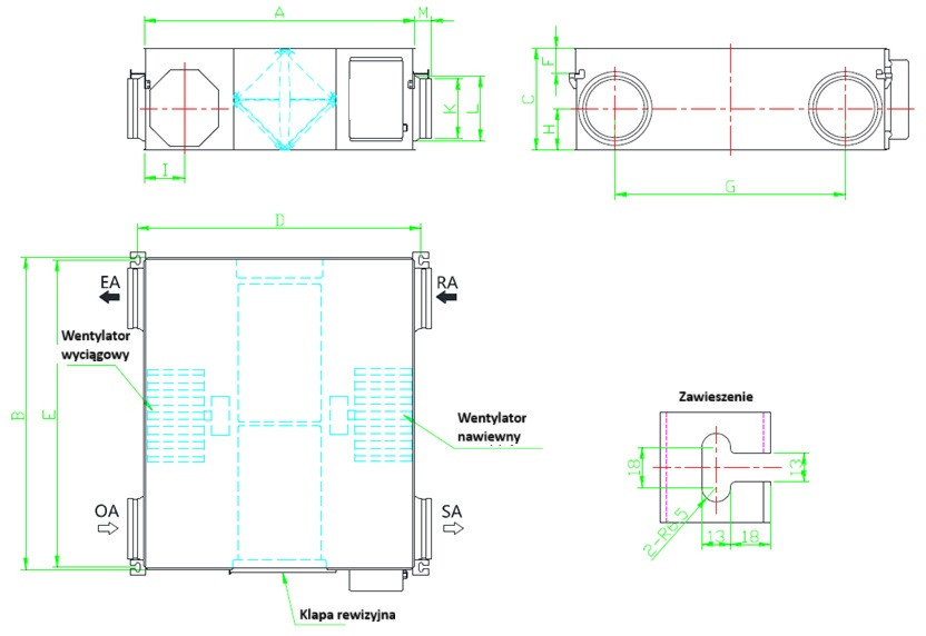 Wymiary - Rekuperatory KDC2 - króćce okrągłe - Nowość